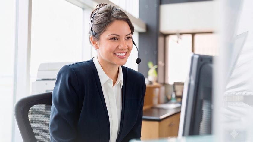 Mulher sorridente vestindo blazer escuro e headset olha para um monitor de computador em um escritório bem iluminado.